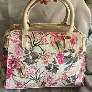 Floral Satchel with Cream Handles Vegan with Long Strap